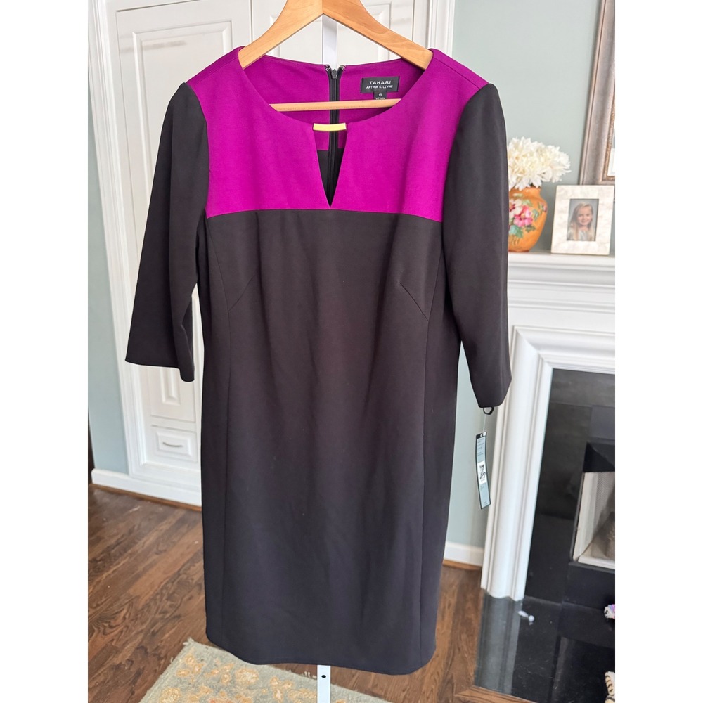 Tahari Arthur S Levine Dress 10 ASL Colorblock Sheath Gold Link Black Purple